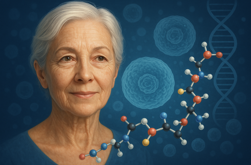 Elderly woman with peptide structure and cells, symbolizing anti-aging and cellular regeneration